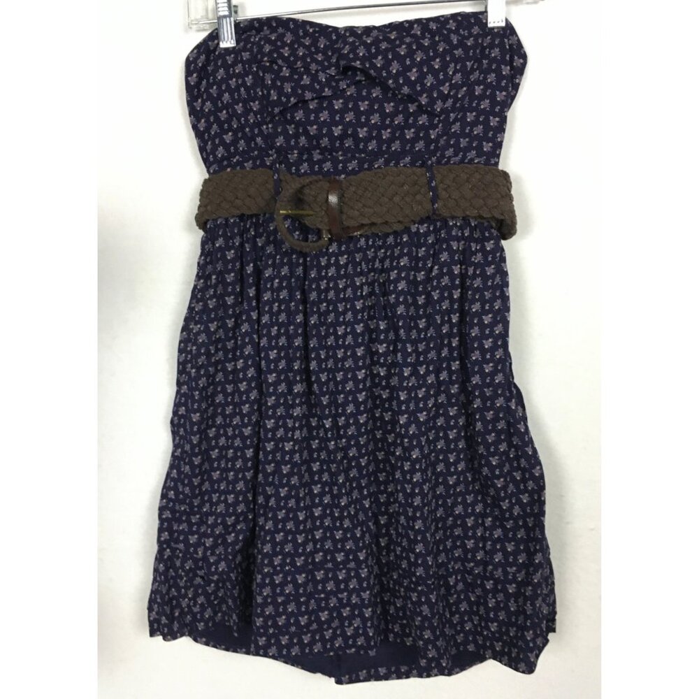 Deb Womens Dress Size 5 Blue with Purple Tiny Flowers Strapless Attached Belt